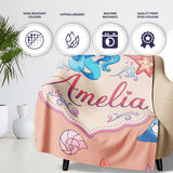 Cute Kawaii Mermaid Ocean Friends Jellyfish Starfish Peach Lovely  Personalised Custom Name Super Soft Fleece Blanket Bed Sofa Throw