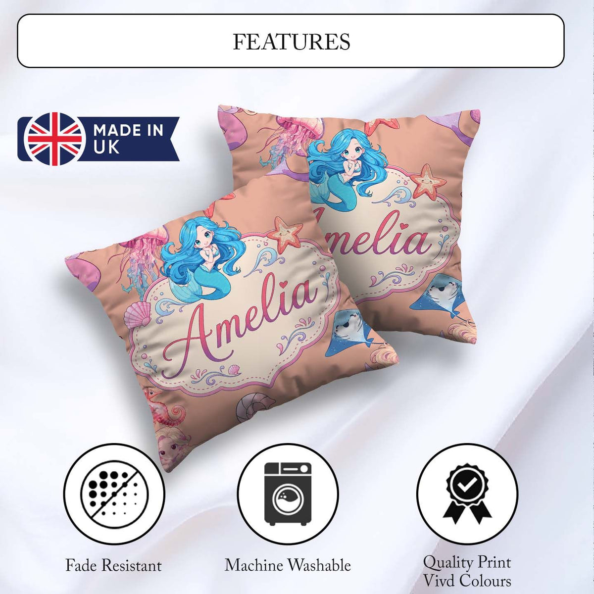 Custom Name Cute Kawaii Mermaid Ocean Friends Jellyfish Starfish Square Filled Cushion Throw Pillow Sofa Bed Home Decor Zip Washable UK Made