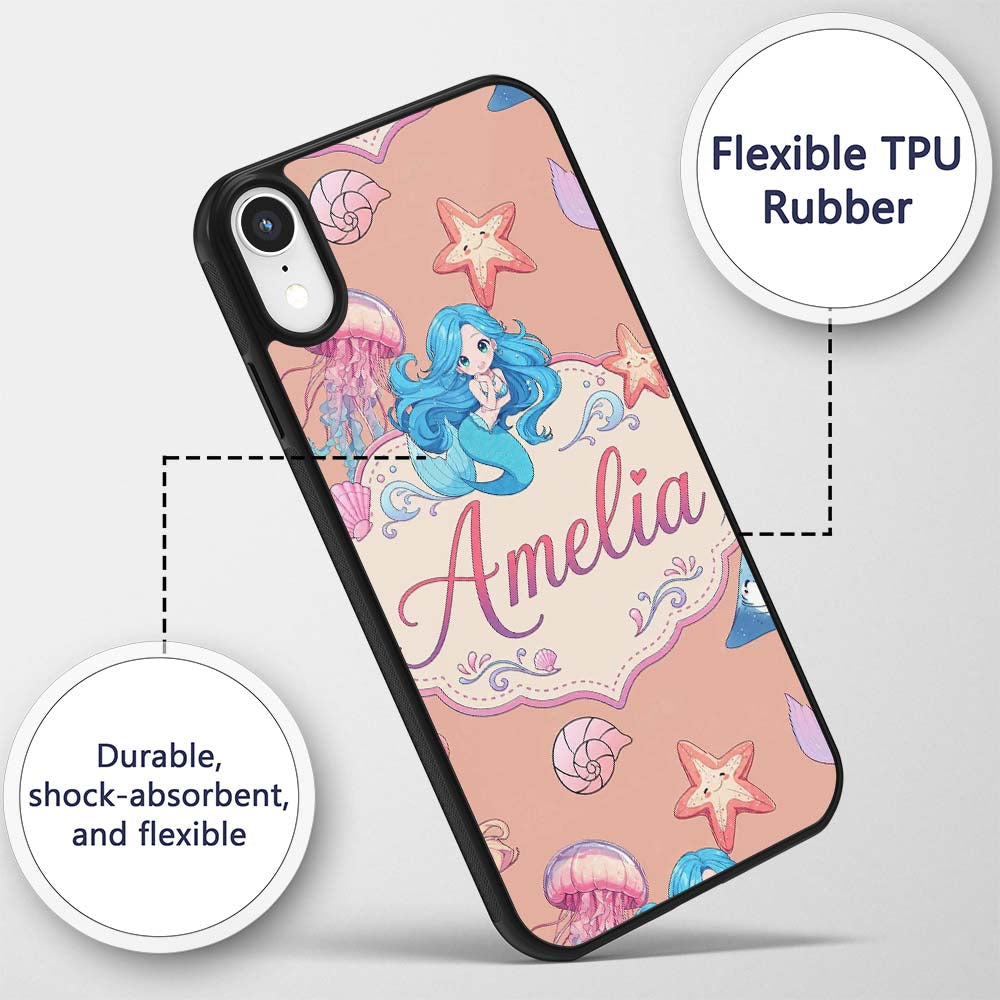 Cute Kawaii Mermaid Ocean Friends Printed Design Custom Name Protective Phone Case Mobile Cover Durable Everyday Smartphone Shock Resistant