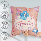 Custom Name Cute Kawaii Mermaid Ocean Friends Jellyfish Starfish Square Filled Cushion Throw Pillow Sofa Bed Home Decor Zip Washable UK Made