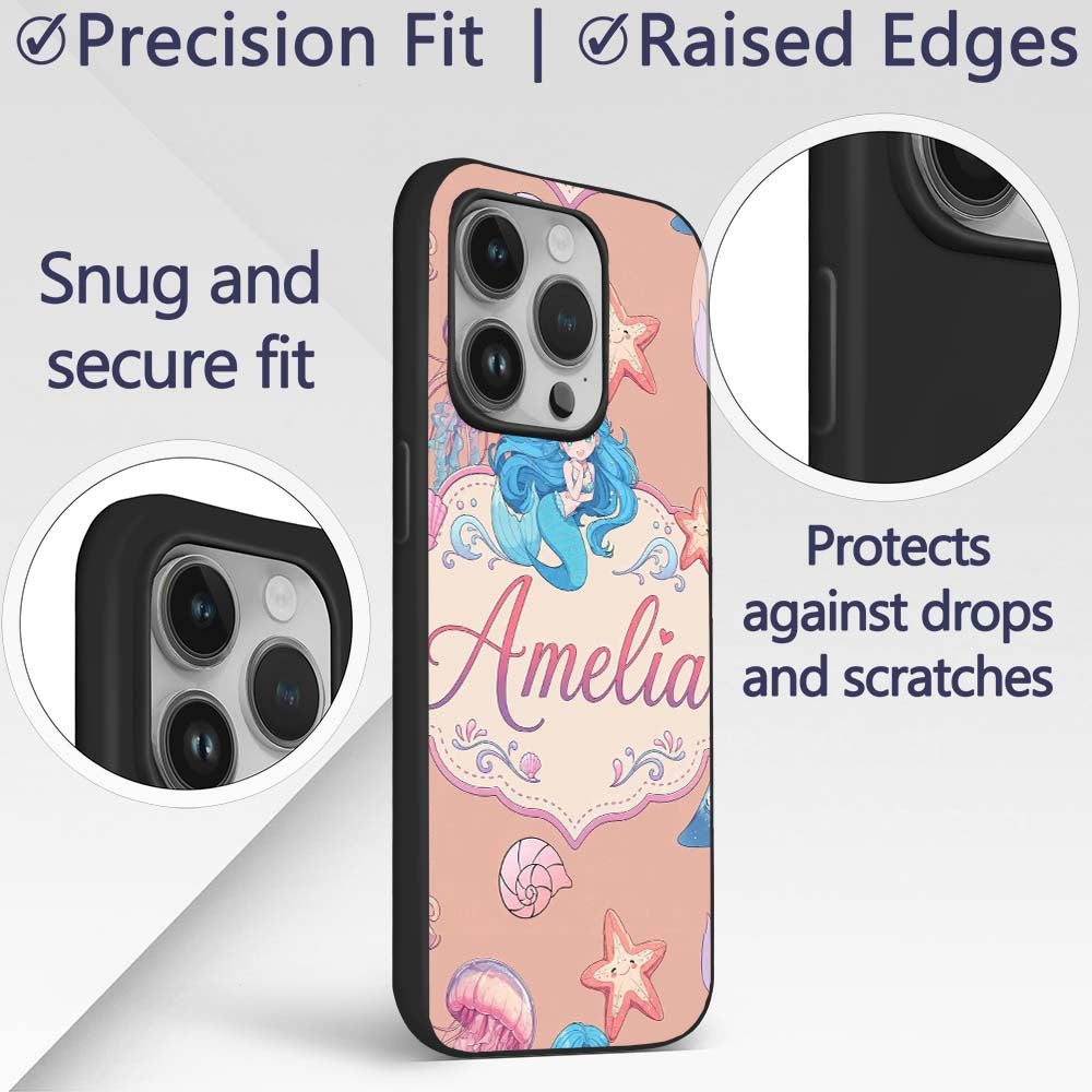 Cute Kawaii Mermaid Ocean Friends Printed Design Custom Name Protective Phone Case Mobile Cover Durable Everyday Smartphone Shock Resistant