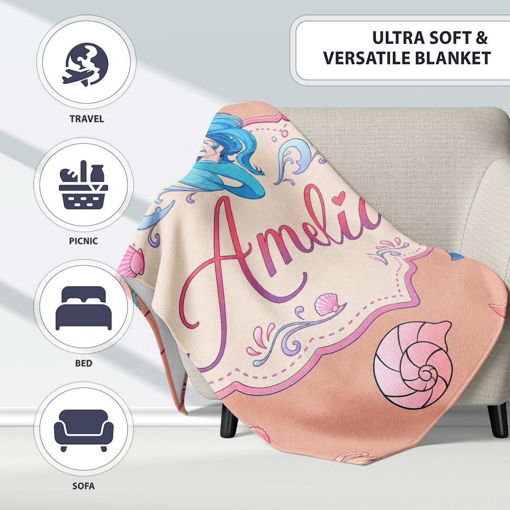 Cute Kawaii Mermaid Ocean Friends Jellyfish Starfish Peach Lovely  Personalised Custom Name Super Soft Fleece Blanket Bed Sofa Throw