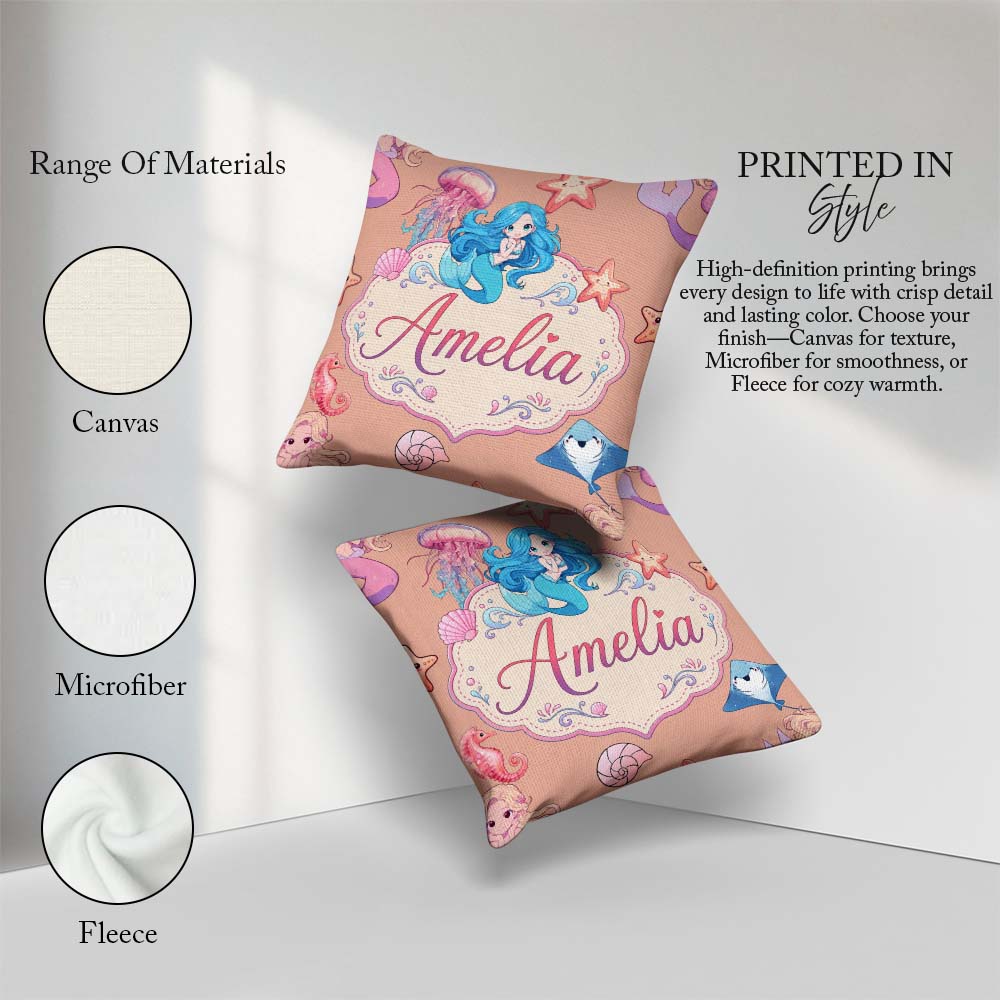 Custom Name Cute Kawaii Mermaid Ocean Friends Jellyfish Starfish Square Filled Cushion Throw Pillow Sofa Bed Home Decor Zip Washable UK Made