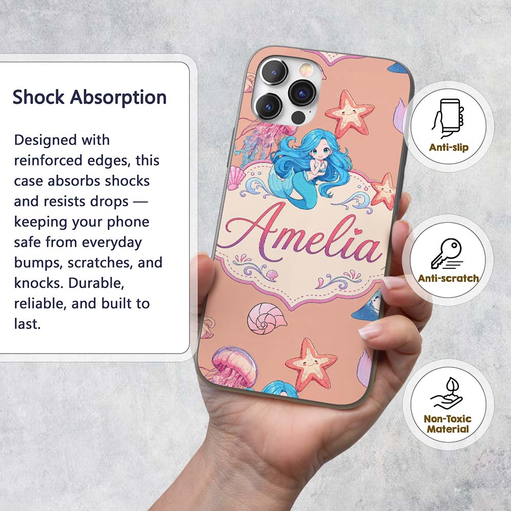 Cute Kawaii Mermaid Ocean Friends Printed Design Custom Name Protective Phone Case Mobile Cover Durable Everyday Smartphone Shock Resistant