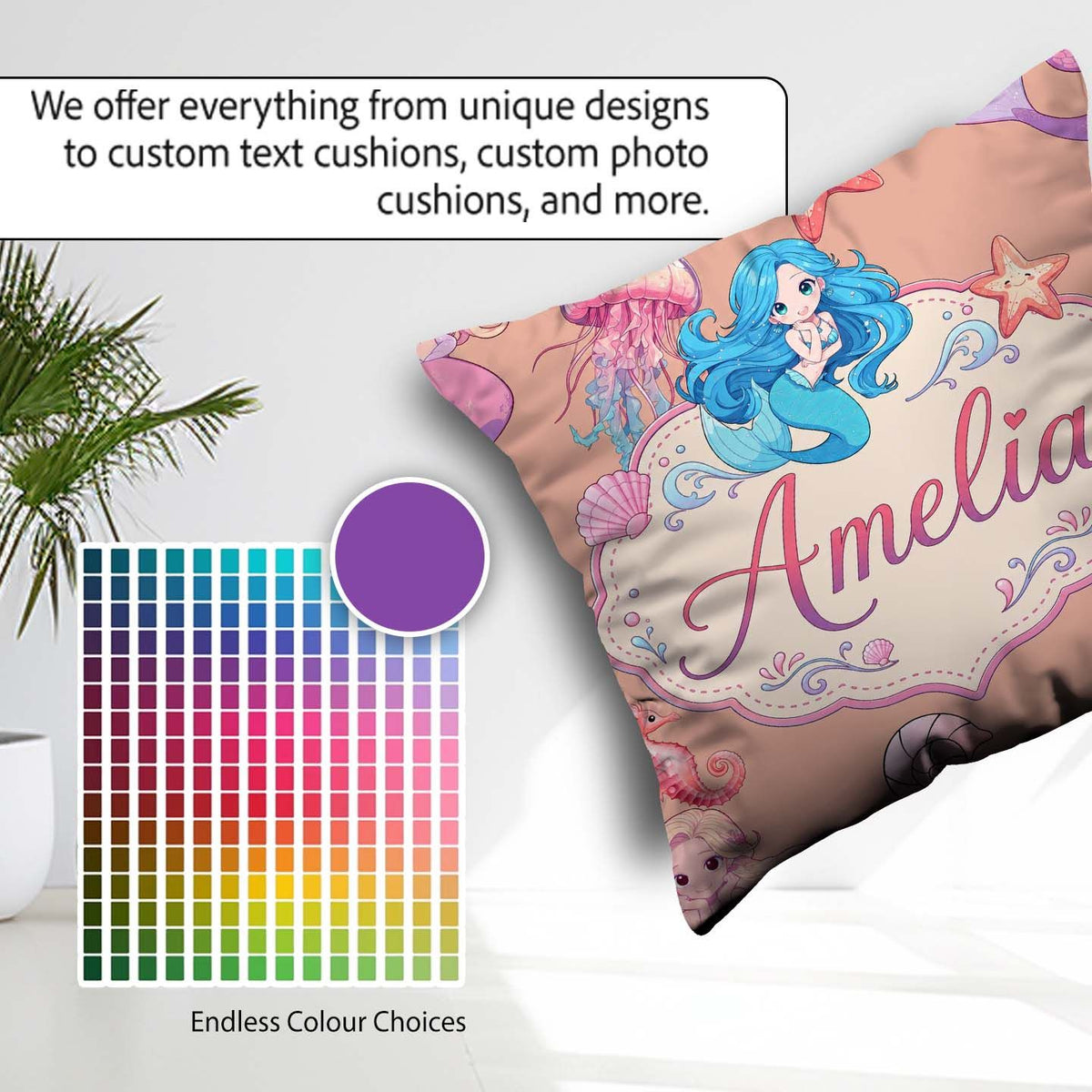 Custom Name Cute Kawaii Mermaid Ocean Friends Jellyfish Starfish Square Filled Cushion Throw Pillow Sofa Bed Home Decor Zip Washable UK Made