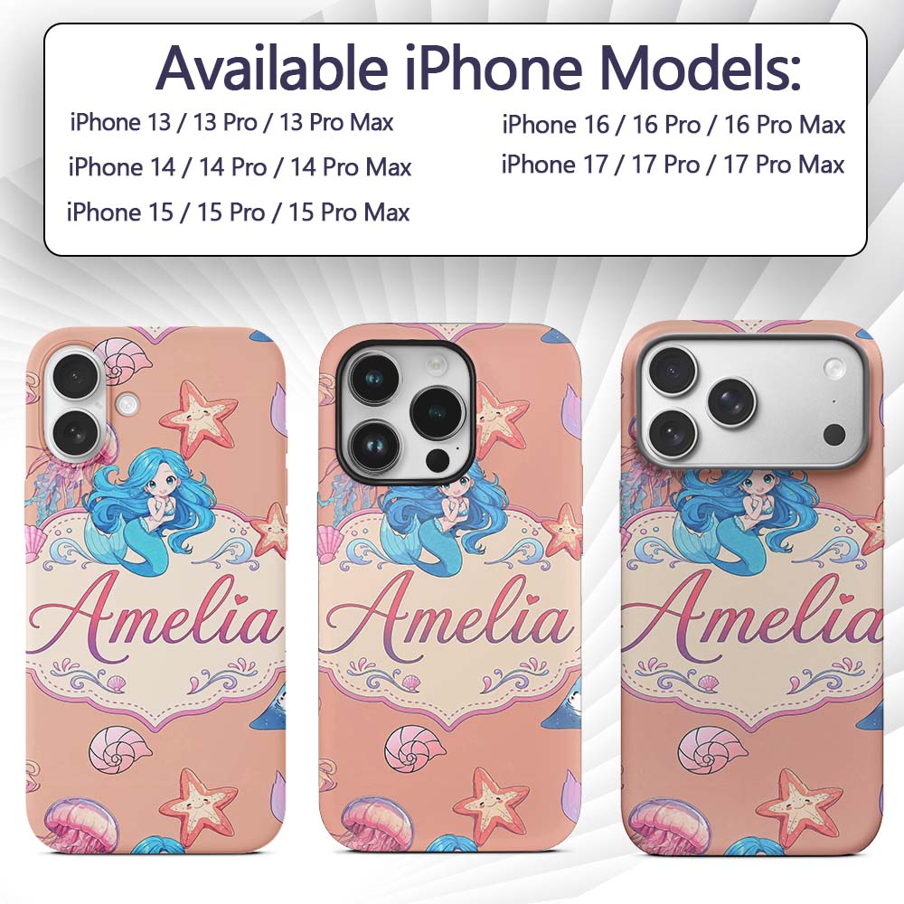 Cute Kawaii Mermaid Ocean Friends Printed Design Custom Name Protective Phone Case Mobile Cover Durable Everyday Smartphone Shock Resistant