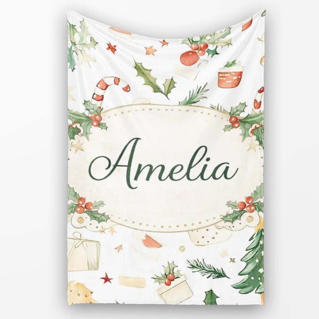 Rustic Christmas Elements Holly Candy Cane Pattern Seamless Design  Personalised Custom Name Super Soft Fleece Blanket Bed Sofa Throw