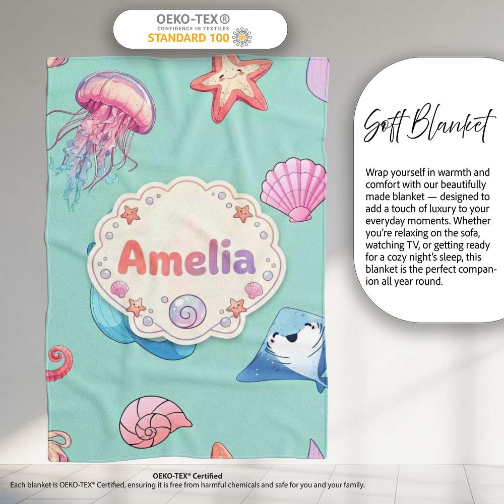 Mermaid Ocean Friends Jellyfish Starfish Mint Green Background  Personalised Custom Name Super Soft Fleece Blanket Bed Sofa Throw