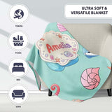 Mermaid Ocean Friends Jellyfish Starfish Mint Green Background  Personalised Custom Name Super Soft Fleece Blanket Bed Sofa Throw