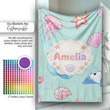 Mermaid Ocean Friends Jellyfish Starfish Mint Green Background  Personalised Custom Name Super Soft Fleece Blanket Bed Sofa Throw