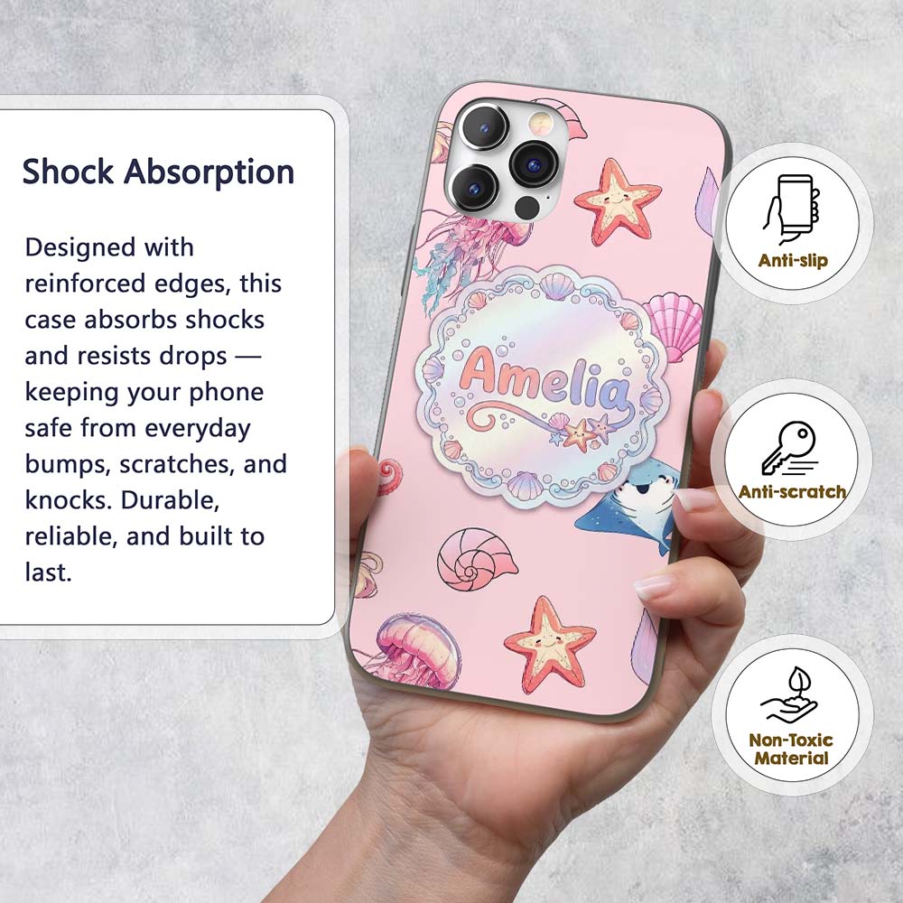 Mermaid Ocean Friends Jellyfish Starfish Blush Custom Name Protective Phone Case Mobile Cover Durable Everyday Smartphone Shock Resistant