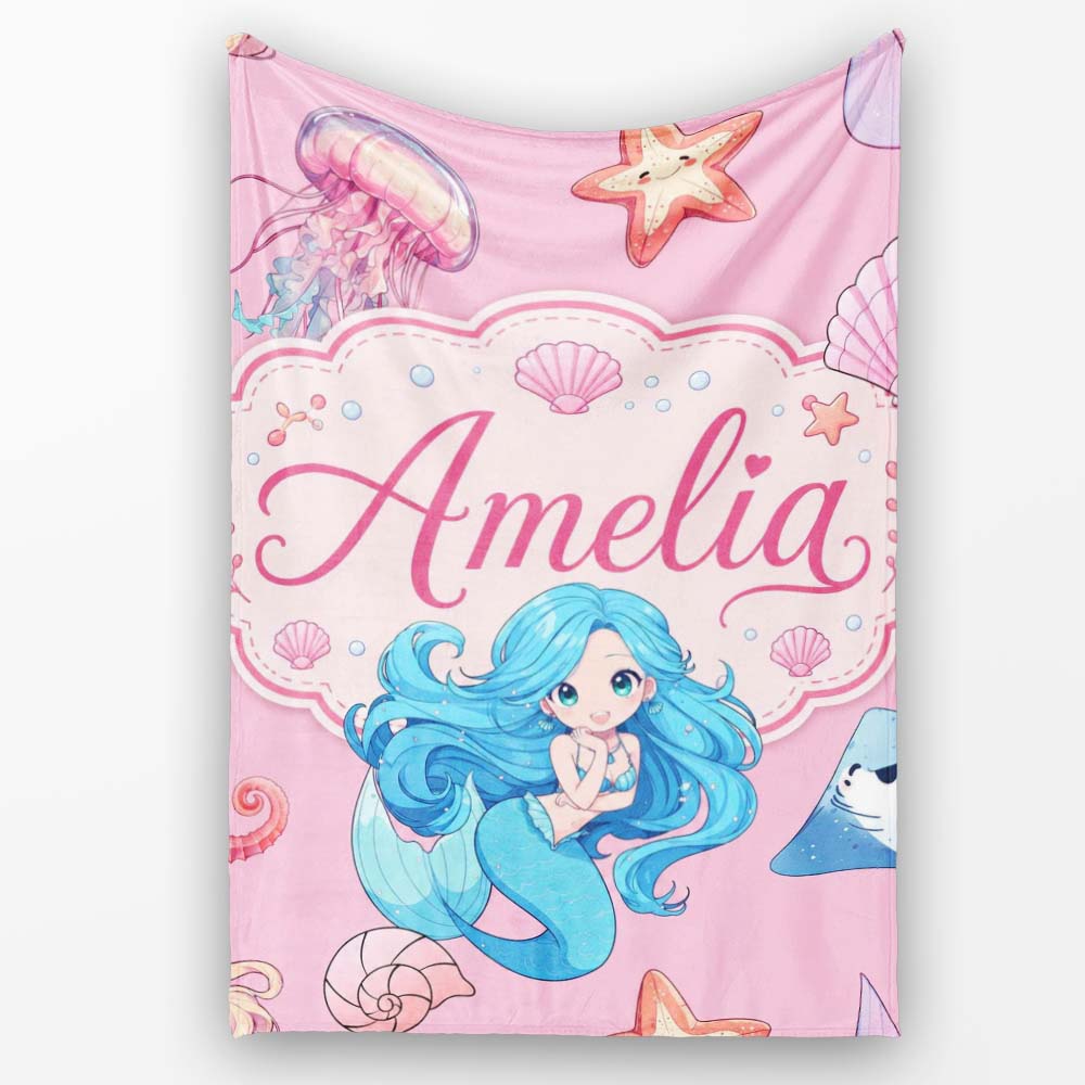 Mermaid Ocean Friends Jellyfish Starfish Rose Pink Background Lovely  Personalised Custom Name Super Soft Fleece Blanket Bed Sofa Throw