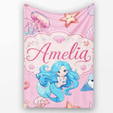Mermaid Ocean Friends Jellyfish Starfish Rose Pink Background Lovely  Personalised Custom Name Super Soft Fleece Blanket Bed Sofa Throw