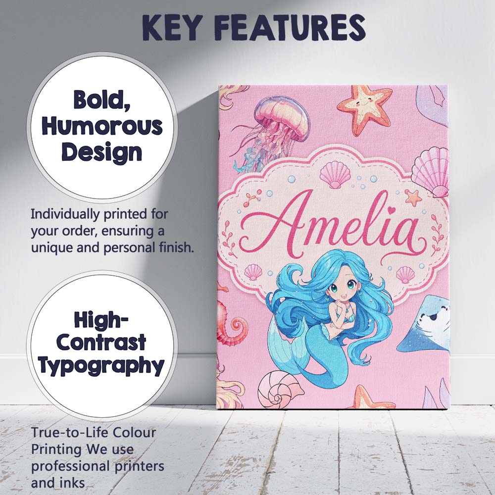 Personalised Name Mermaid Ocean Friends Custom  Modern Room Accent Elegant Feature Canvas Wall Art Print Decor Picture Ready to Hang