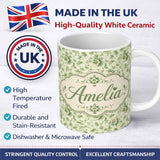 Personalized Custom Name Classic Green Floral Damask Seamless Pattern Vintage Botanical Style 11oz Ceramic Coffee Tea Mug White Large Handle