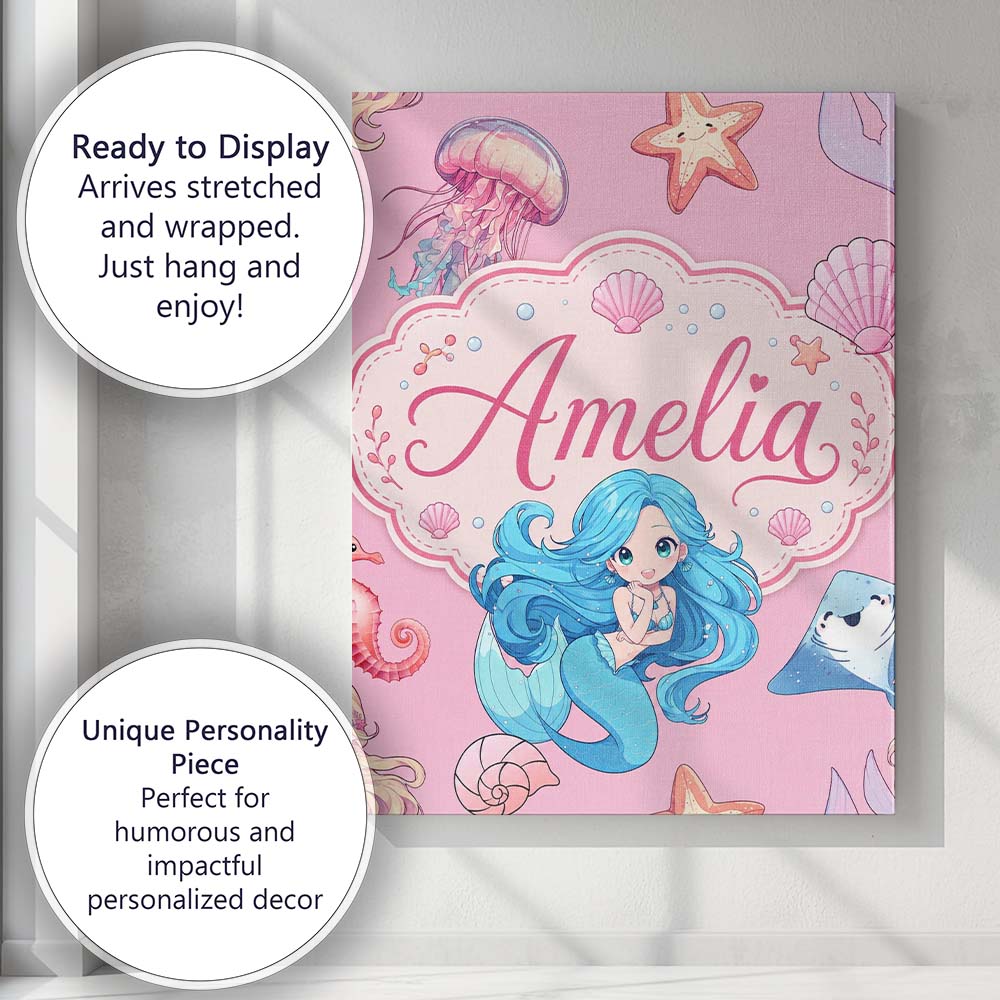 Personalised Name Mermaid Ocean Friends Custom  Modern Room Accent Elegant Feature Canvas Wall Art Print Decor Picture Ready to Hang