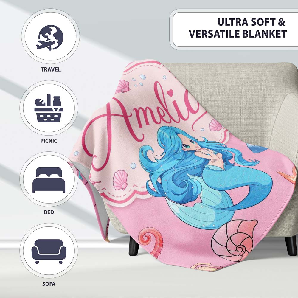 Mermaid Ocean Friends Jellyfish Starfish Rose Pink Background Lovely  Personalised Custom Name Super Soft Fleece Blanket Bed Sofa Throw