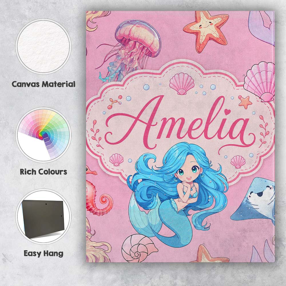 Personalised Name Mermaid Ocean Friends Custom  Modern Room Accent Elegant Feature Canvas Wall Art Print Decor Picture Ready to Hang