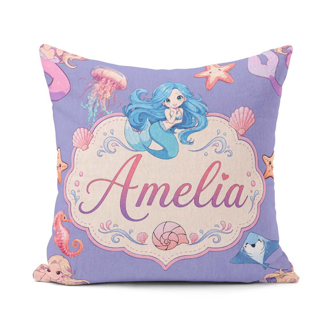 Custom Name Mermaid Friends Jellyfish Starfish Purple Background Square Filled Cushion Throw Pillow Sofa Bed Home Decor Zip Washable UK Made