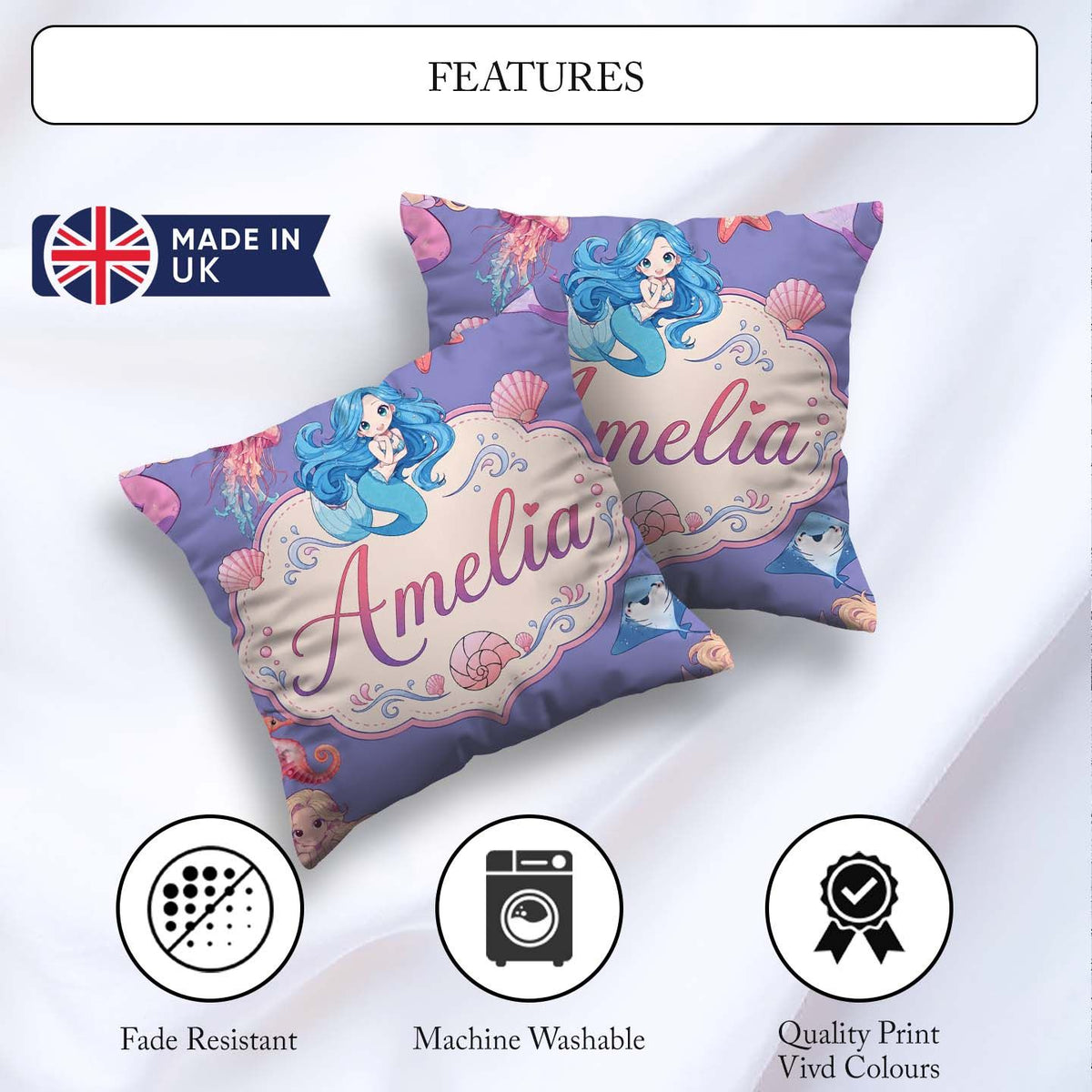 Custom Name Mermaid Friends Jellyfish Starfish Purple Background Square Filled Cushion Throw Pillow Sofa Bed Home Decor Zip Washable UK Made