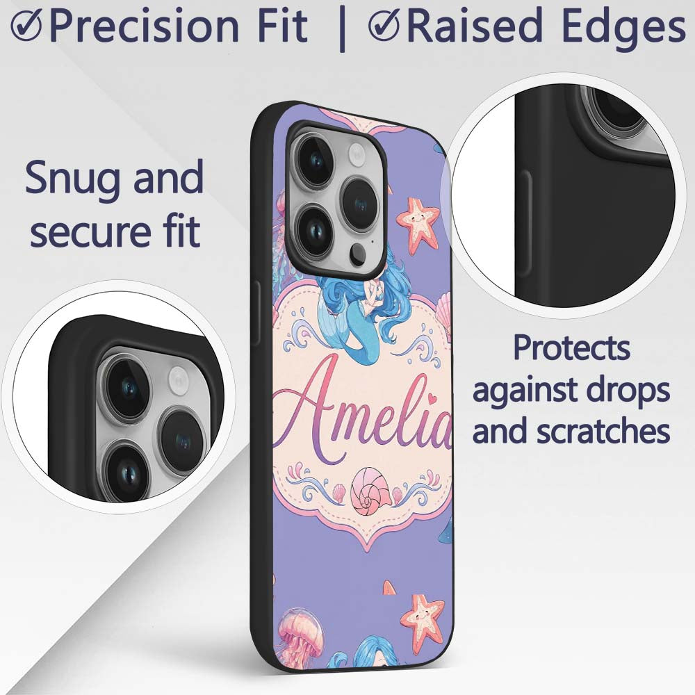 Mermaid Ocean Friends Jellyfish Starfish Purple Custom Name Protective Phone Case Mobile Cover Durable Everyday Smartphone Shock Resistant