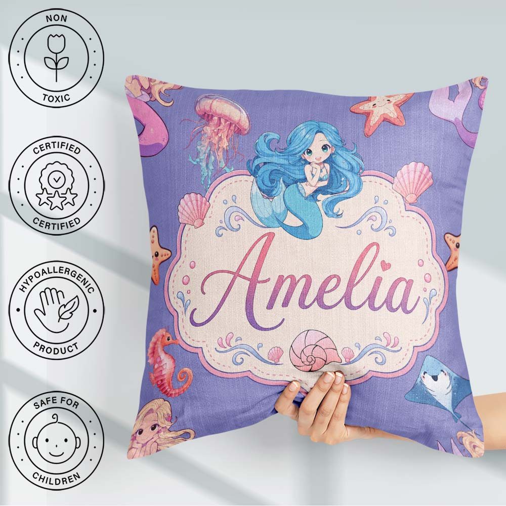 Custom Name Mermaid Friends Jellyfish Starfish Purple Background Square Filled Cushion Throw Pillow Sofa Bed Home Decor Zip Washable UK Made
