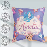 Custom Name Mermaid Friends Jellyfish Starfish Purple Background Square Filled Cushion Throw Pillow Sofa Bed Home Decor Zip Washable UK Made