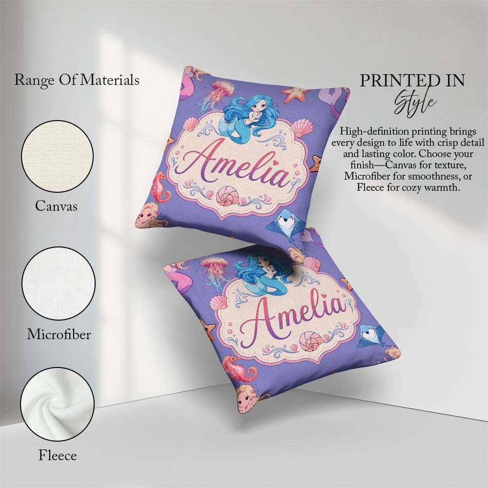 Custom Name Mermaid Friends Jellyfish Starfish Purple Background Square Filled Cushion Throw Pillow Sofa Bed Home Decor Zip Washable UK Made