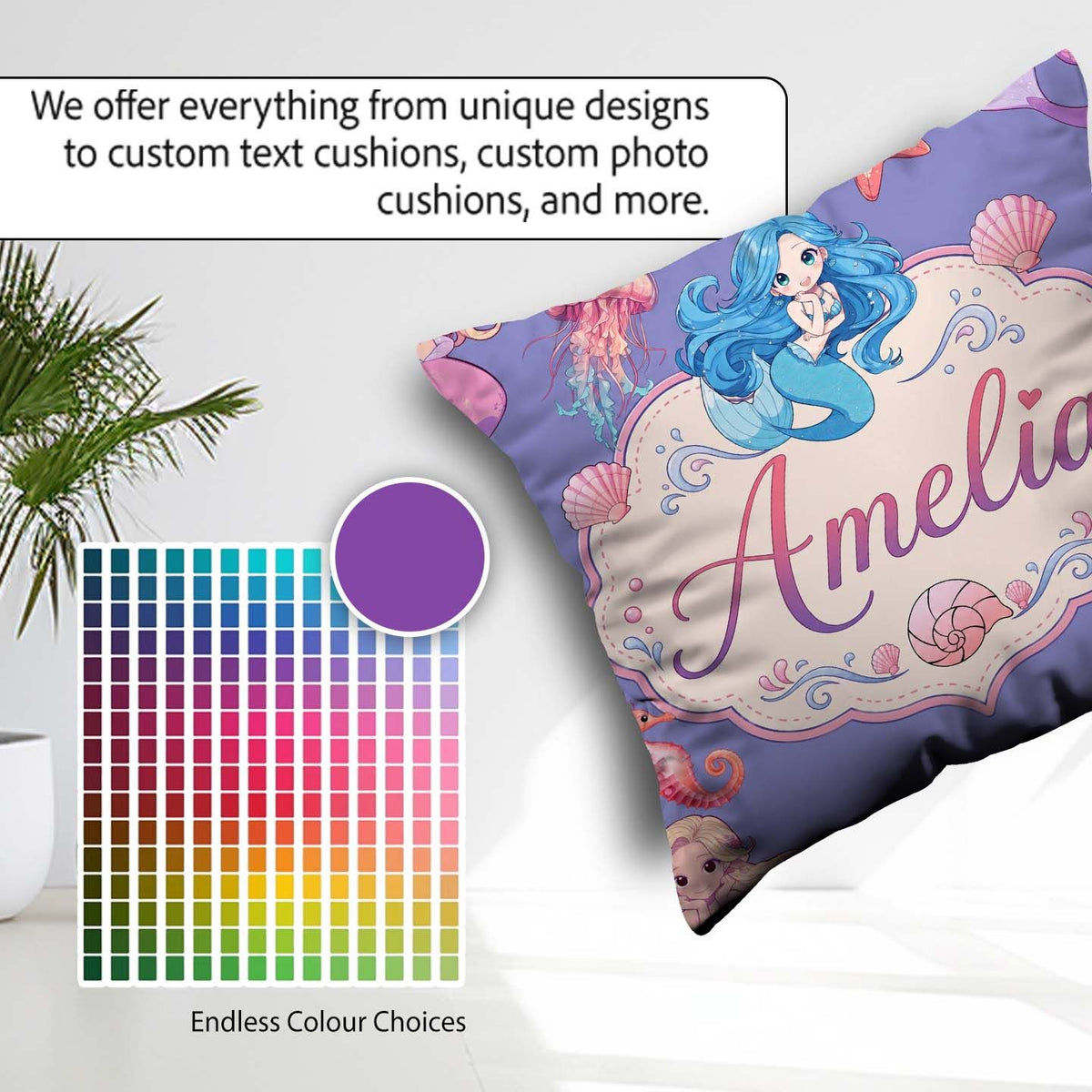 Custom Name Mermaid Friends Jellyfish Starfish Purple Background Square Filled Cushion Throw Pillow Sofa Bed Home Decor Zip Washable UK Made