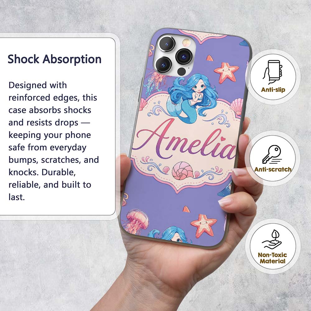 Mermaid Ocean Friends Jellyfish Starfish Purple Custom Name Protective Phone Case Mobile Cover Durable Everyday Smartphone Shock Resistant