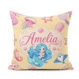 Custom Name Mermaid Friends Jellyfish Starfish Yellow Background Square Filled Cushion Throw Pillow Sofa Bed Home Decor Zip Washable UK Made