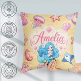 Custom Name Mermaid Friends Jellyfish Starfish Yellow Background Square Filled Cushion Throw Pillow Sofa Bed Home Decor Zip Washable UK Made