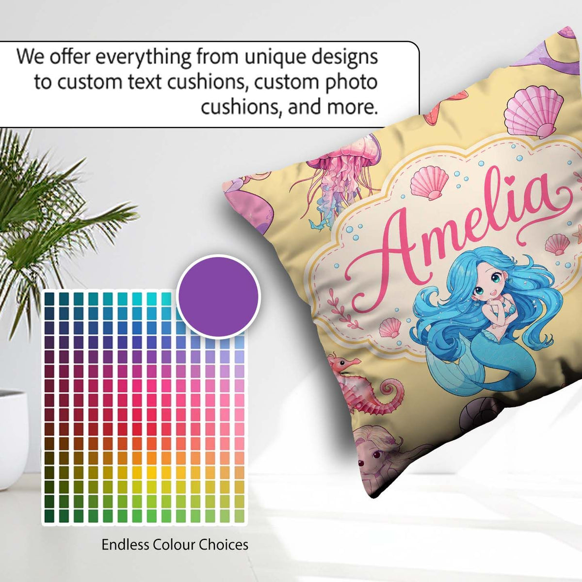 Custom Name Mermaid Friends Jellyfish Starfish Yellow Background Square Filled Cushion Throw Pillow Sofa Bed Home Decor Zip Washable UK Made