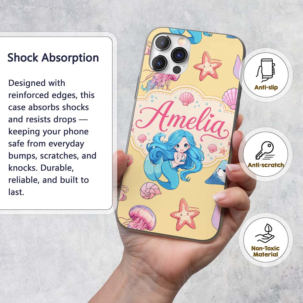 Mermaid Ocean Friends Jellyfish Starfish Mustard Custom Name Protective Phone Case Mobile Cover Durable Everyday Smartphone Shock Resistant