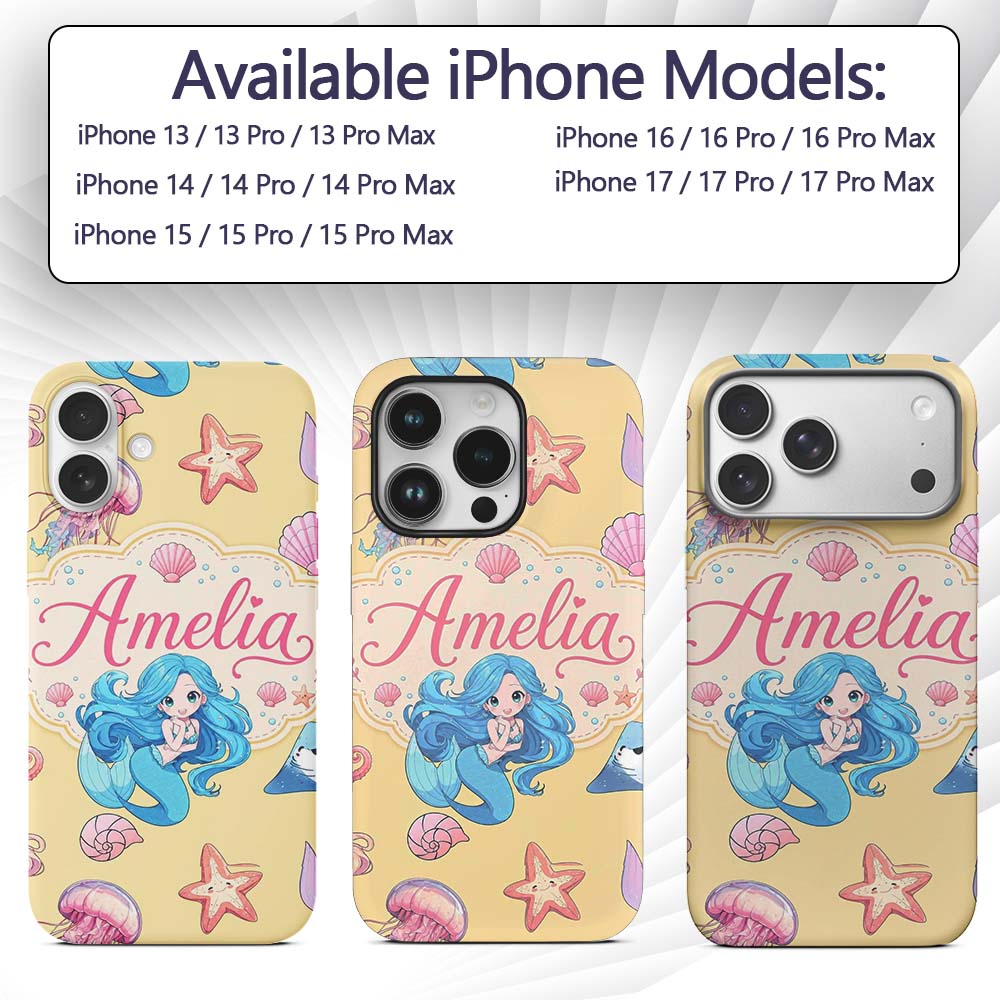Mermaid Ocean Friends Jellyfish Starfish Mustard Custom Name Protective Phone Case Mobile Cover Durable Everyday Smartphone Shock Resistant