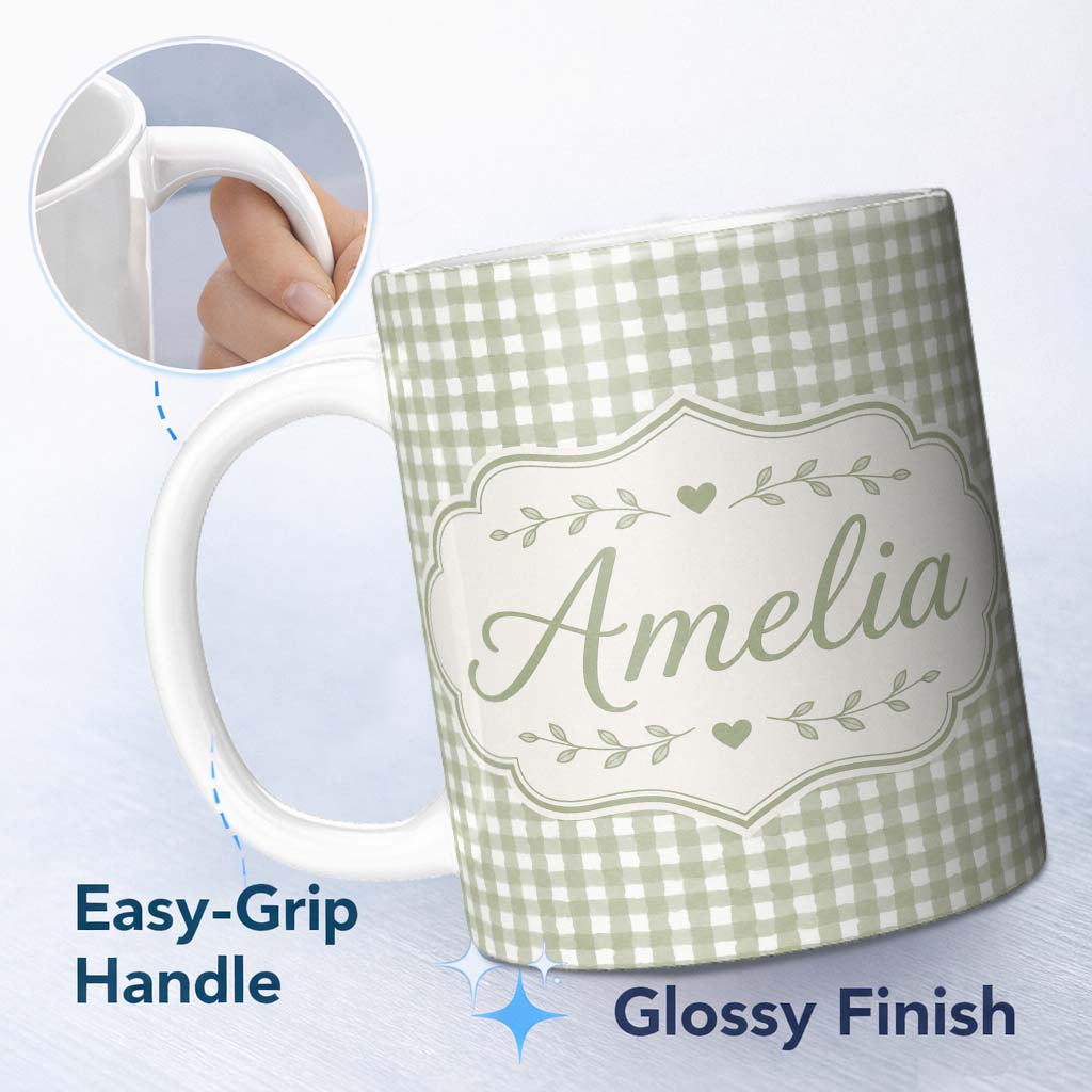 Personalized Custom Name Soft Sage Green Gingham Check Seamless Pattern Minimal Rustic Design 11oz Ceramic Coffee Tea Mug White Large Handle