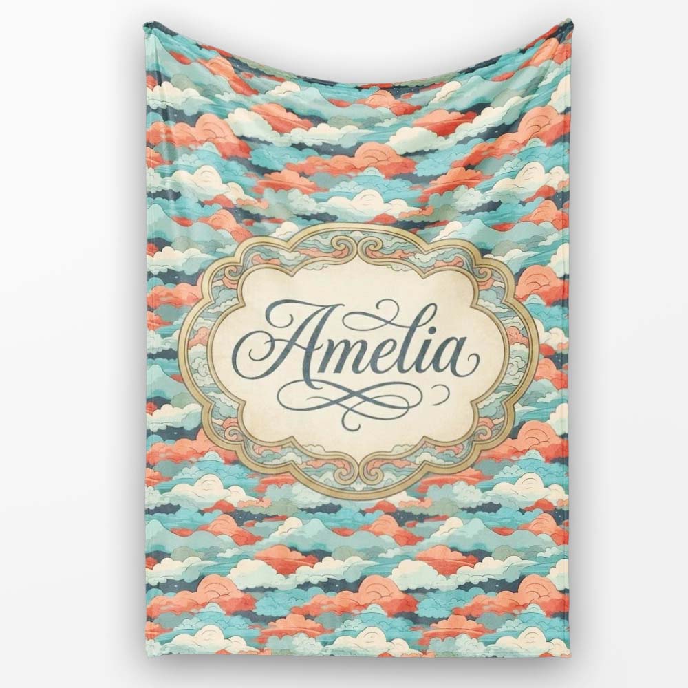Retro Multicolour Cloud Pattern Teal Coral and Cream Seamless Design  Personalised Custom Name Super Soft Fleece Blanket Bed Sofa Throw