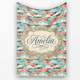 Retro Multicolour Cloud Pattern Teal Coral and Cream Seamless Design  Personalised Custom Name Super Soft Fleece Blanket Bed Sofa Throw