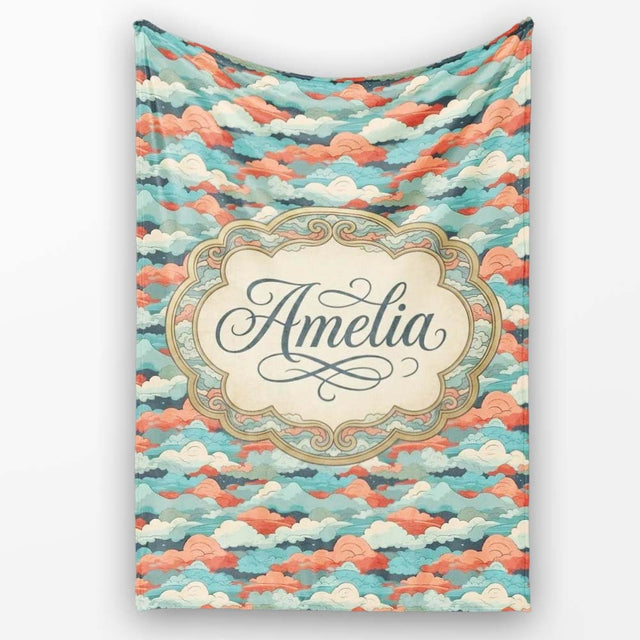 Retro Multicolour Cloud Pattern Teal Coral and Cream Seamless Design  Personalised Custom Name Super Soft Fleece Blanket Bed Sofa Throw