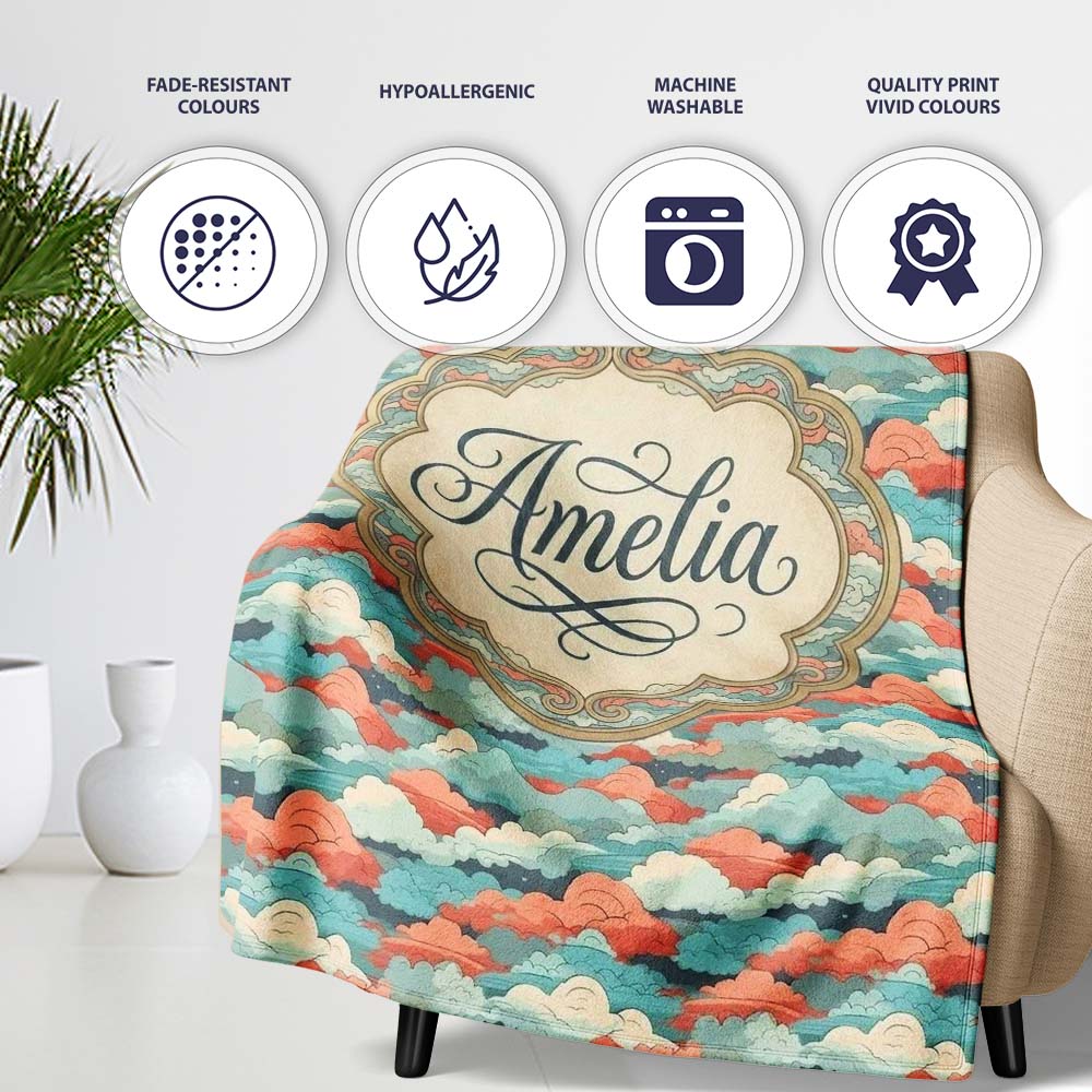 Retro Multicolour Cloud Pattern Teal Coral and Cream Seamless Design  Personalised Custom Name Super Soft Fleece Blanket Bed Sofa Throw