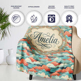 Retro Multicolour Cloud Pattern Teal Coral and Cream Seamless Design  Personalised Custom Name Super Soft Fleece Blanket Bed Sofa Throw