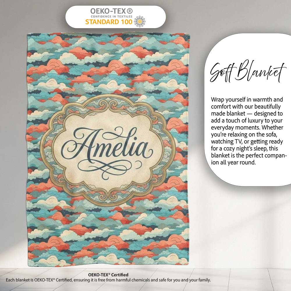 Retro Multicolour Cloud Pattern Teal Coral and Cream Seamless Design  Personalised Custom Name Super Soft Fleece Blanket Bed Sofa Throw
