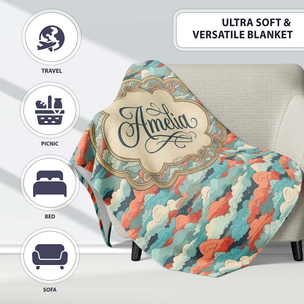 Retro Multicolour Cloud Pattern Teal Coral and Cream Seamless Design  Personalised Custom Name Super Soft Fleece Blanket Bed Sofa Throw