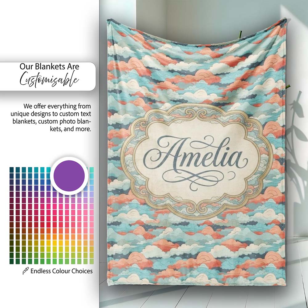 Retro Multicolour Cloud Pattern Teal Coral and Cream Seamless Design  Personalised Custom Name Super Soft Fleece Blanket Bed Sofa Throw