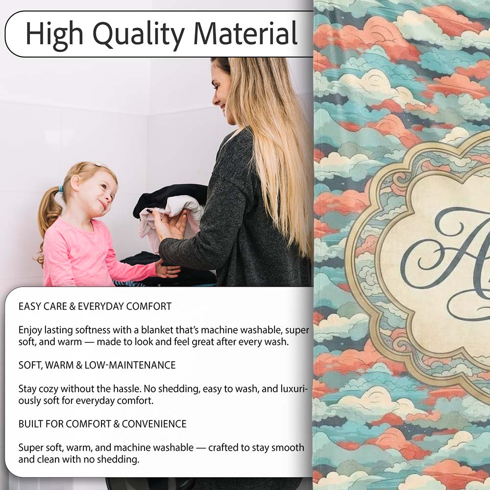 Retro Multicolour Cloud Pattern Teal Coral and Cream Seamless Design  Personalised Custom Name Super Soft Fleece Blanket Bed Sofa Throw
