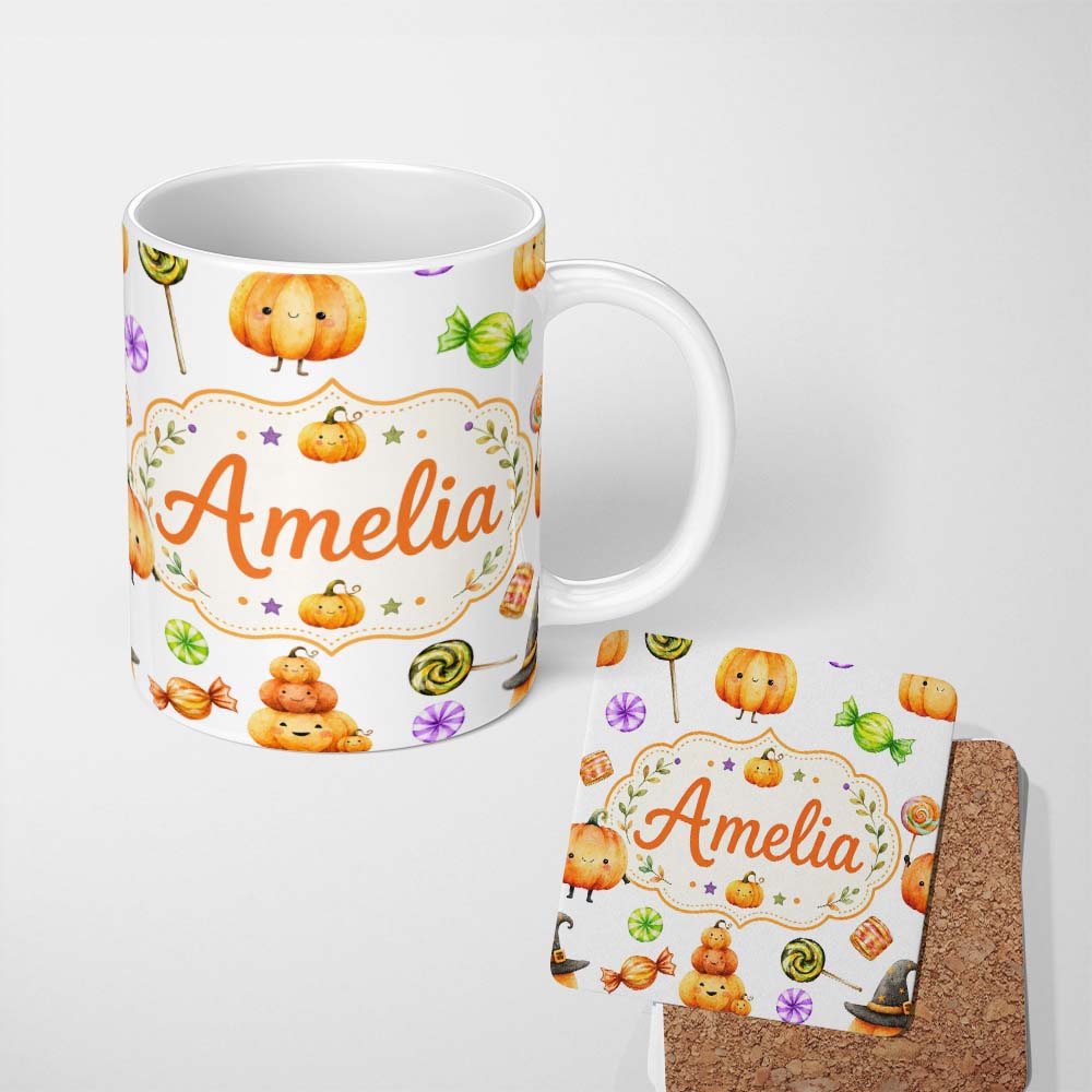 Personalized Custom Name Cute Halloween Pumpkin Candy Characters Soft Grey Background 11oz Ceramic Coffee Tea Mug White Large Handle