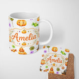 Personalized Custom Name Cute Halloween Pumpkin Candy Characters Soft Grey Background 11oz Ceramic Coffee Tea Mug White Large Handle