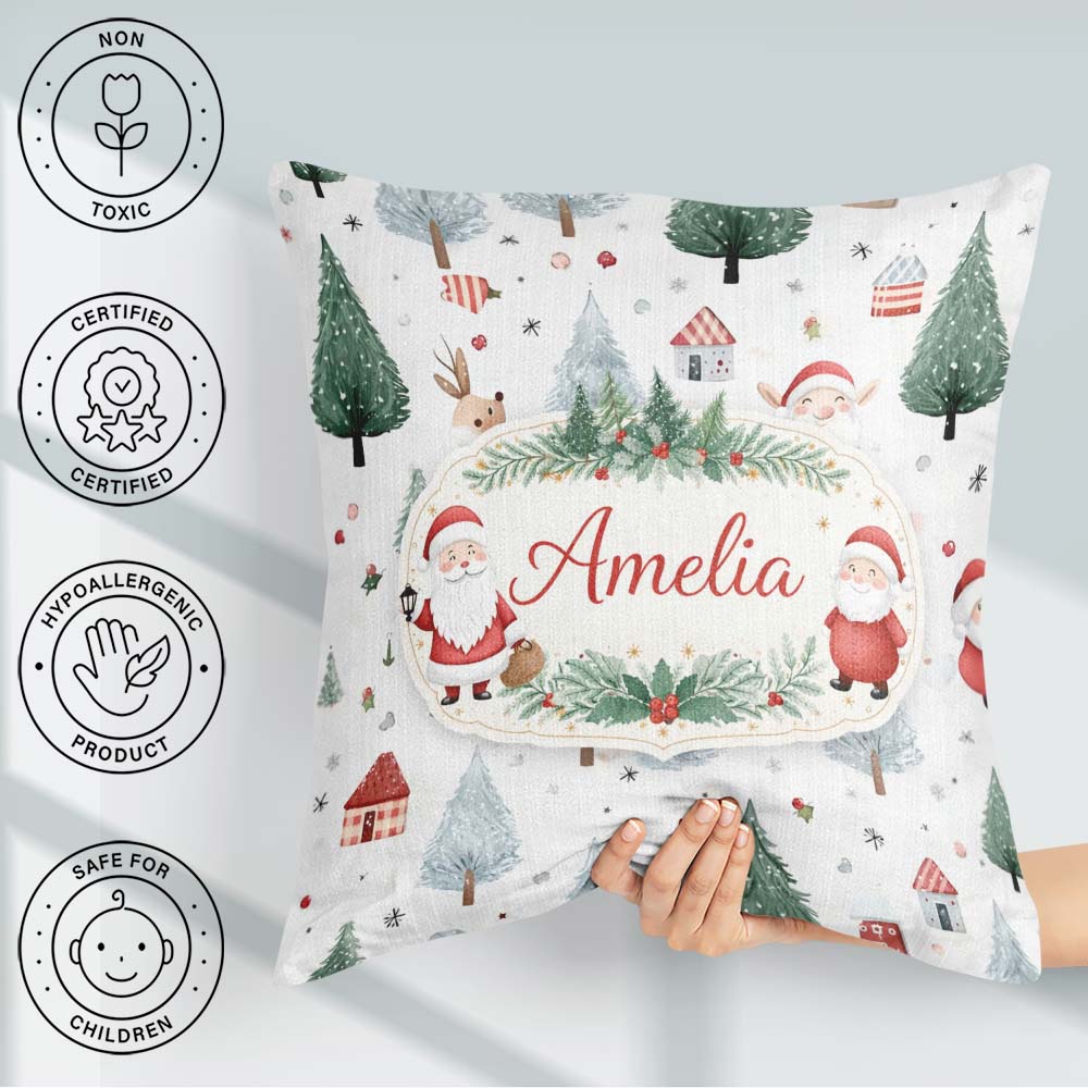 Custom Name Christmas Santa Reindeer Tree Pattern Kids Seamless Square Filled Cushion Throw Pillow Sofa Bed Home Decor Zip Washable UK Made