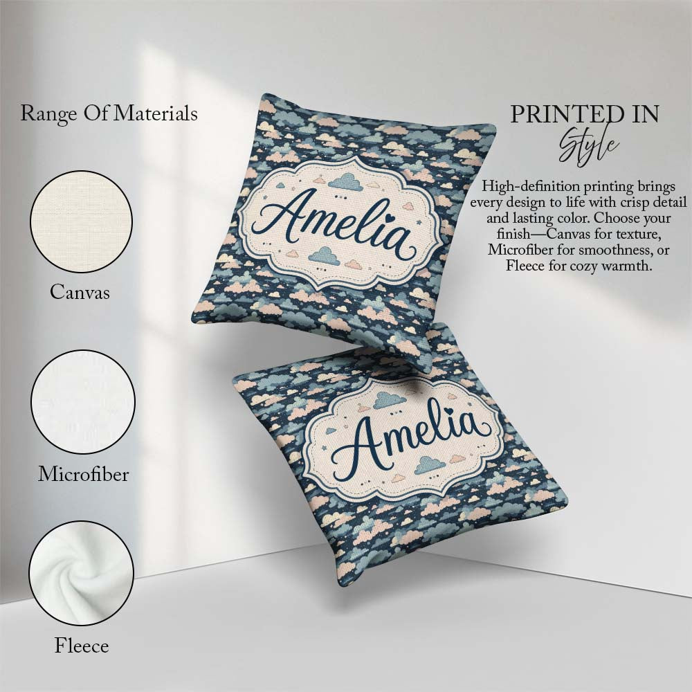 Custom Name Whimsical Cloud Pattern Dark Blue with Pastel Clouds Square Filled Cushion Throw Pillow Sofa Bed Home Decor Zip Washable UK Made
