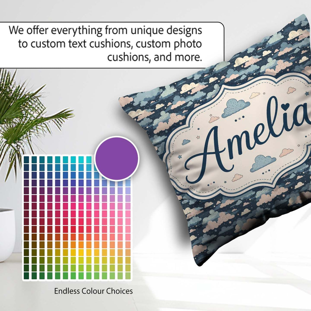 Custom Name Whimsical Cloud Pattern Dark Blue with Pastel Clouds Square Filled Cushion Throw Pillow Sofa Bed Home Decor Zip Washable UK Made
